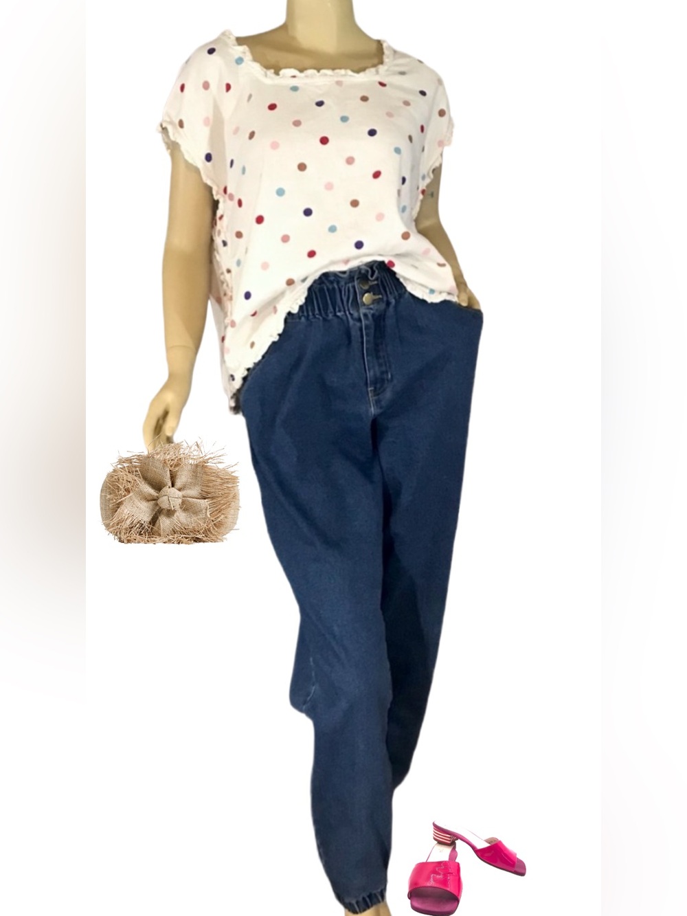 FOR CYNTHIA LINEN BLEND WHITE W/ COLORFUL POLKA-DOTS & RUFFLE ACCENT TUNIC (XL)